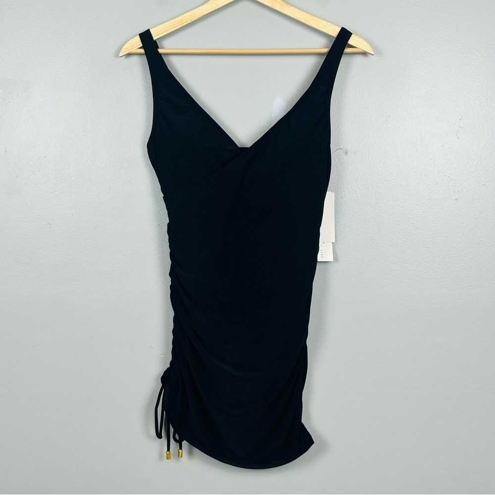 NWT Beyond Control black skirted modest 1 piece slimming swimsuit, size 8.